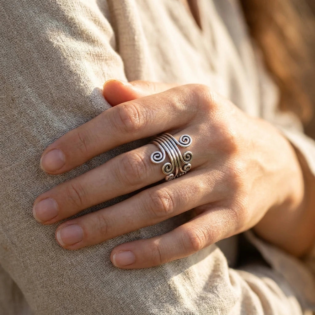 Miao Silver Tall Spiral Adjustable Ring worn for scale