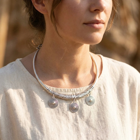 Miao Silver Three-Disc Collar Necklace worn for scale