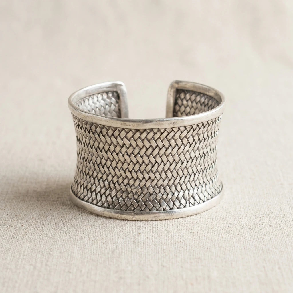 Miao Silver Woven Open Cuff Bracelet – 4 cm on a light background