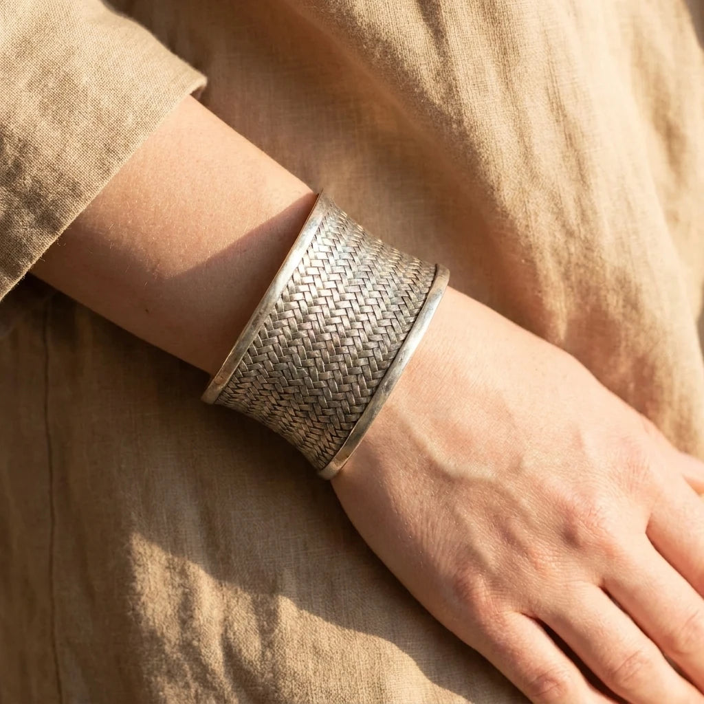 Miao Silver Woven Open Cuff Bracelet – 4 cm worn for scale