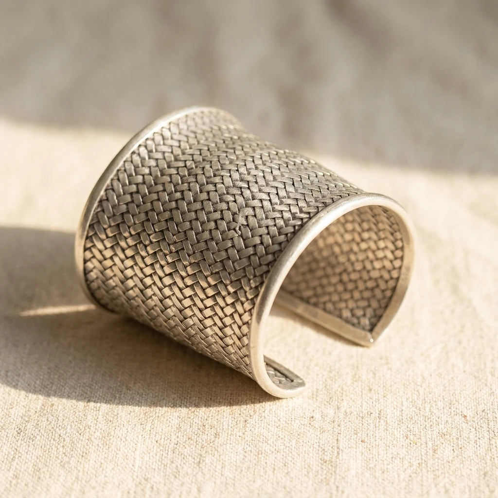 Miao Silver Woven Open Cuff Bracelet – 5 cm on a light background