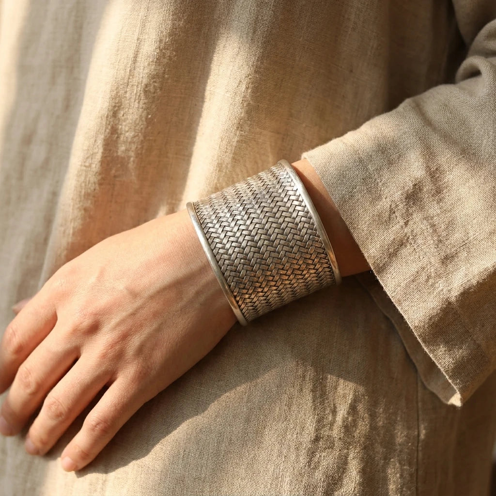 Miao Silver Woven Open Cuff Bracelet – 5 cm worn for scale