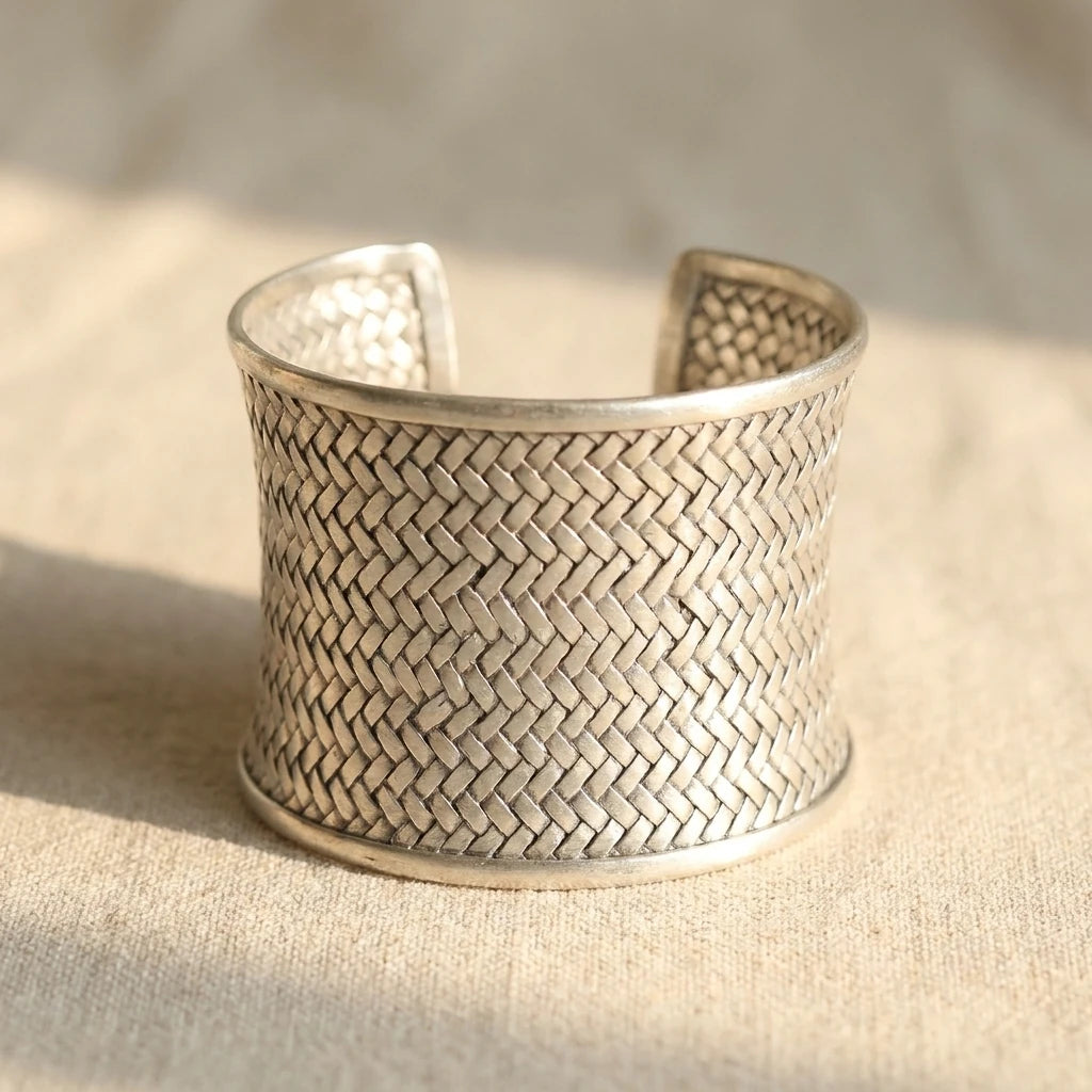 Miao Silver Woven Open Cuff Bracelet – 7.6 cm on a light background