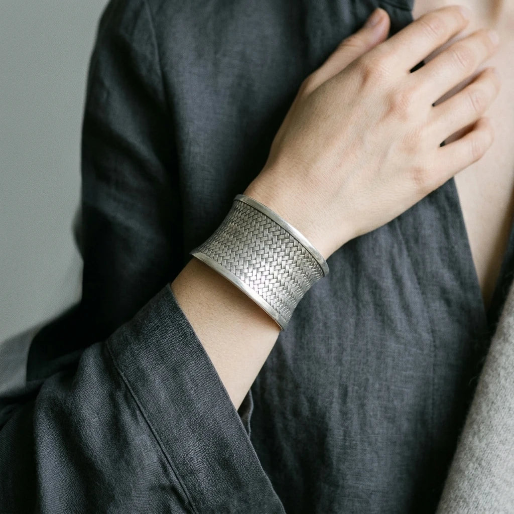 Miao Silver Woven Open Cuff Bracelet – 7.6 cm worn for scale