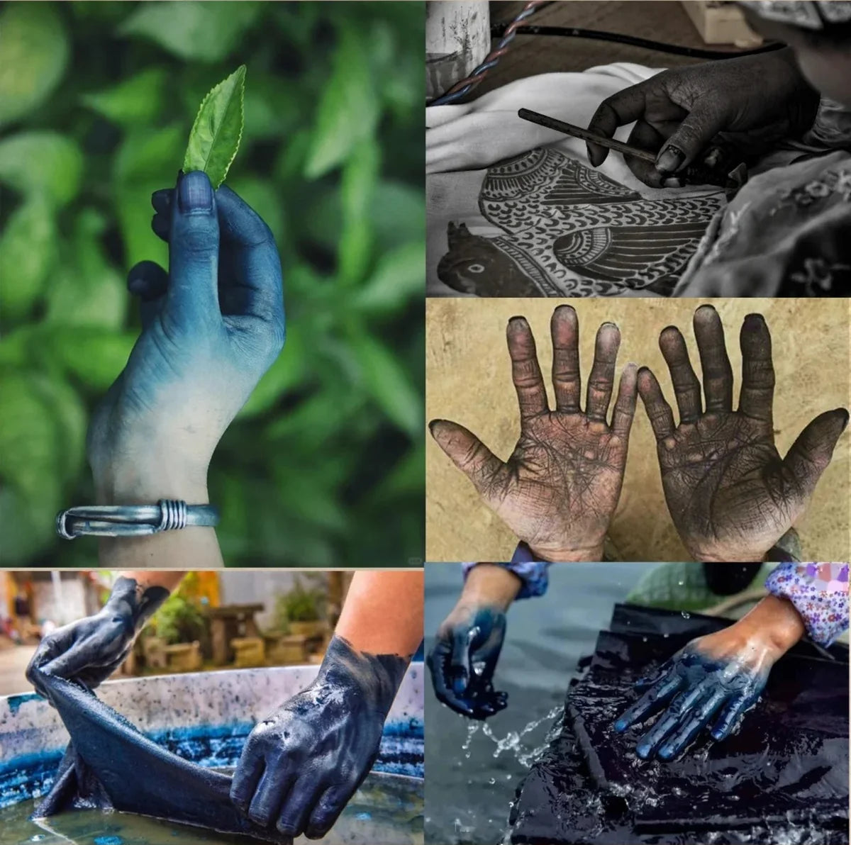 Indigo stained artisan hands lifting hand-dyed cotton fabric from a natural fermentation dye vat