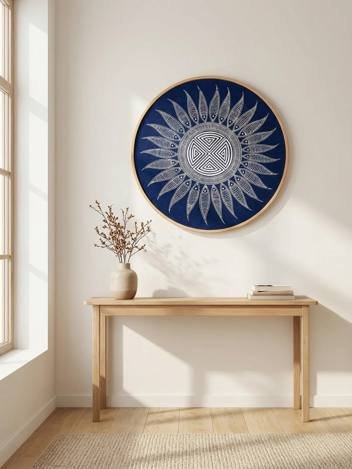 Full vertical interior view of circular handcrafted indigo batik textile wall art in solid natural wood frame mounted above wooden console