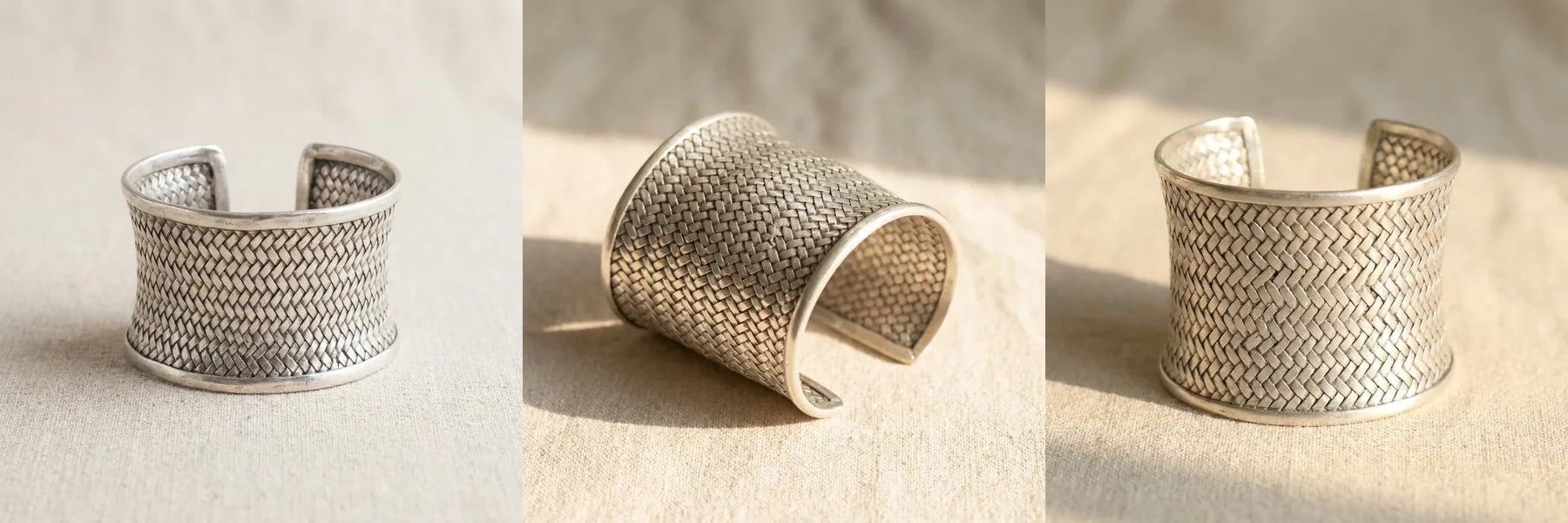 Comparison of textured open cuff bracelets showing band widths and handcrafted details